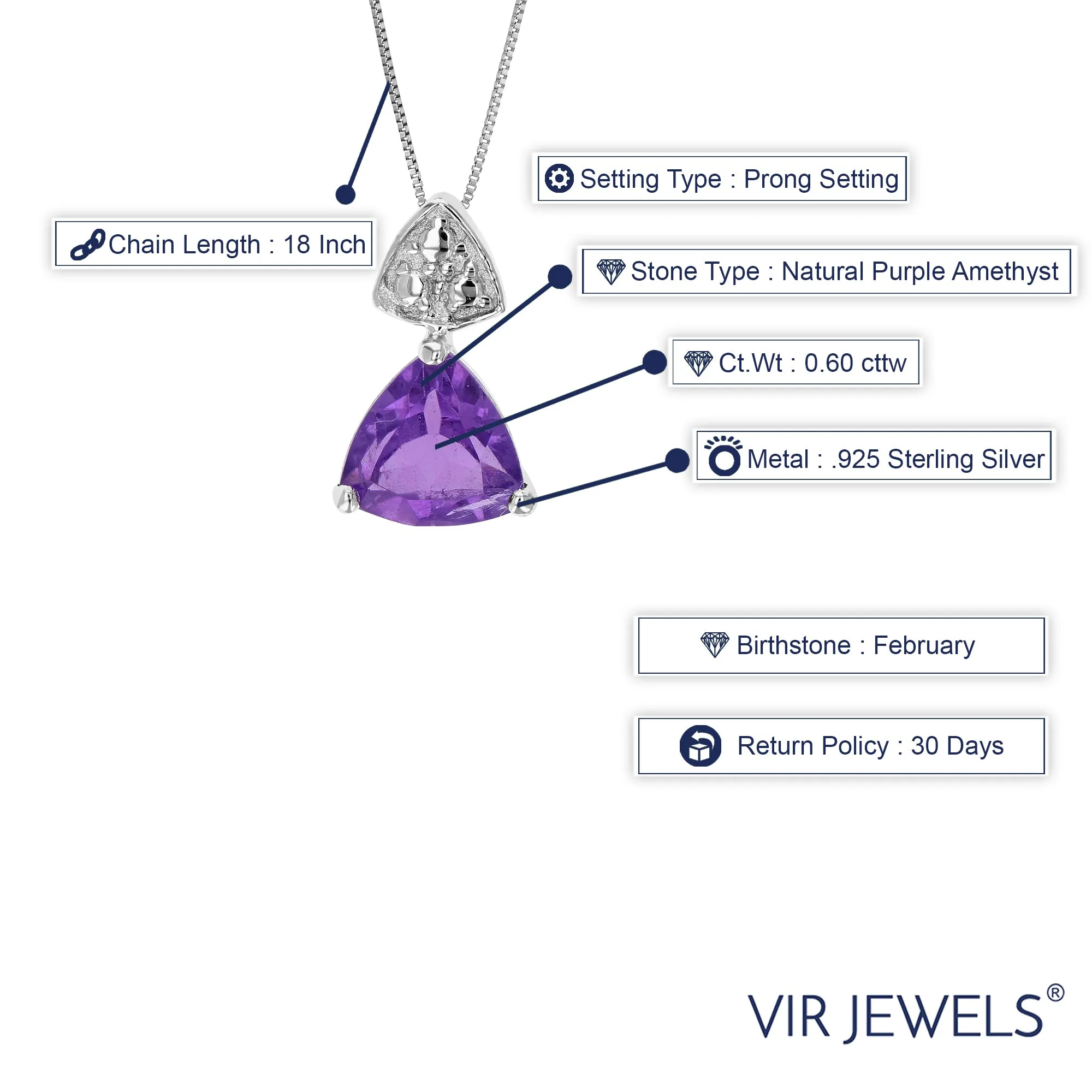 0.60 cttw Pendant Necklace, Purple Amethyst Trillion Shape Pendant Necklace for Women in .925 Sterling Silver with Rhodium, 18 Inch Chain, Prong Setting