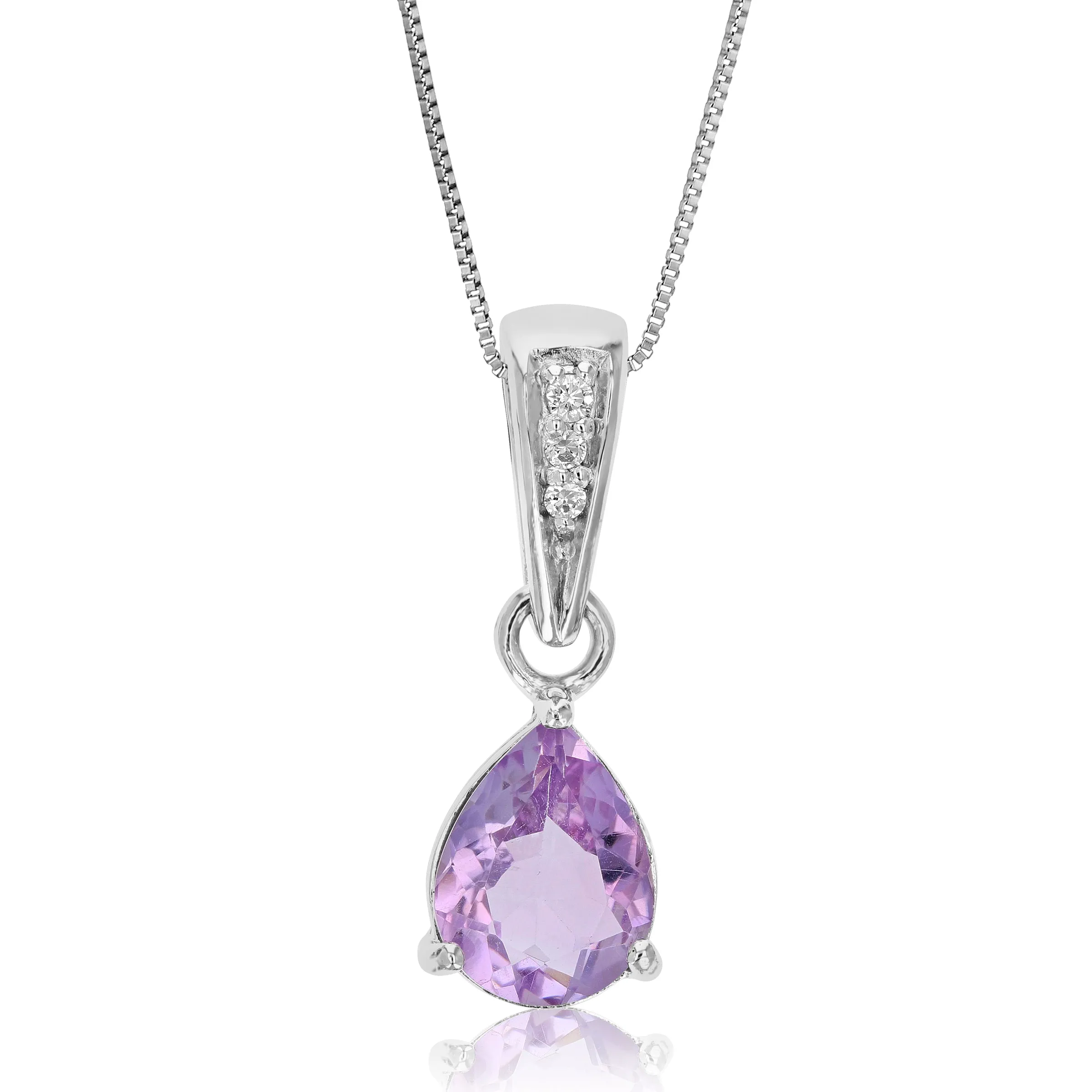 0.85 cttw Pendant Necklace, Purple Amethyst Pear Shape Pendant Necklace for Women in .925 Sterling Silver with Rhodium, 18 Inch Chain, Prong Setting