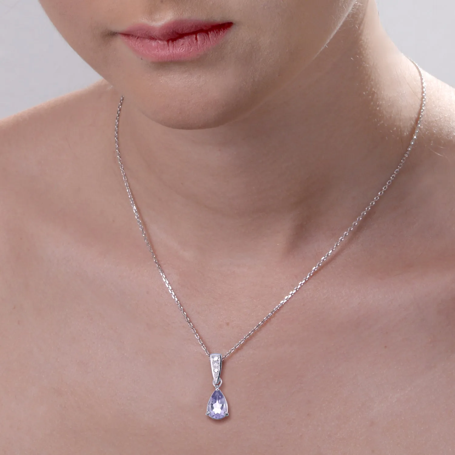 0.85 cttw Pendant Necklace, Purple Amethyst Pear Shape Pendant Necklace for Women in .925 Sterling Silver with Rhodium, 18 Inch Chain, Prong Setting