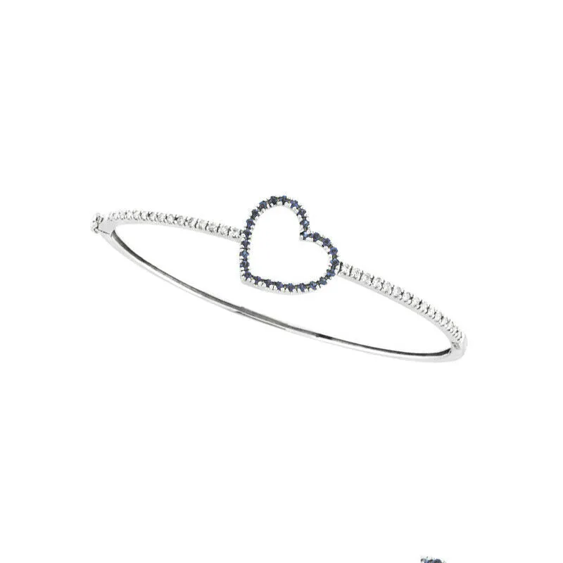 1.00 Carat Natural Sapphire and Diamond Heart Bangle Bracelet 14K White Gold