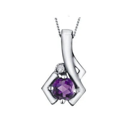 10K White Gold (February) Birthstone Amethyst and Diamond Pendant