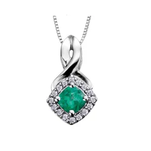 10K White Gold (May) Birthstone Emerald and Diamond Halo Pendant