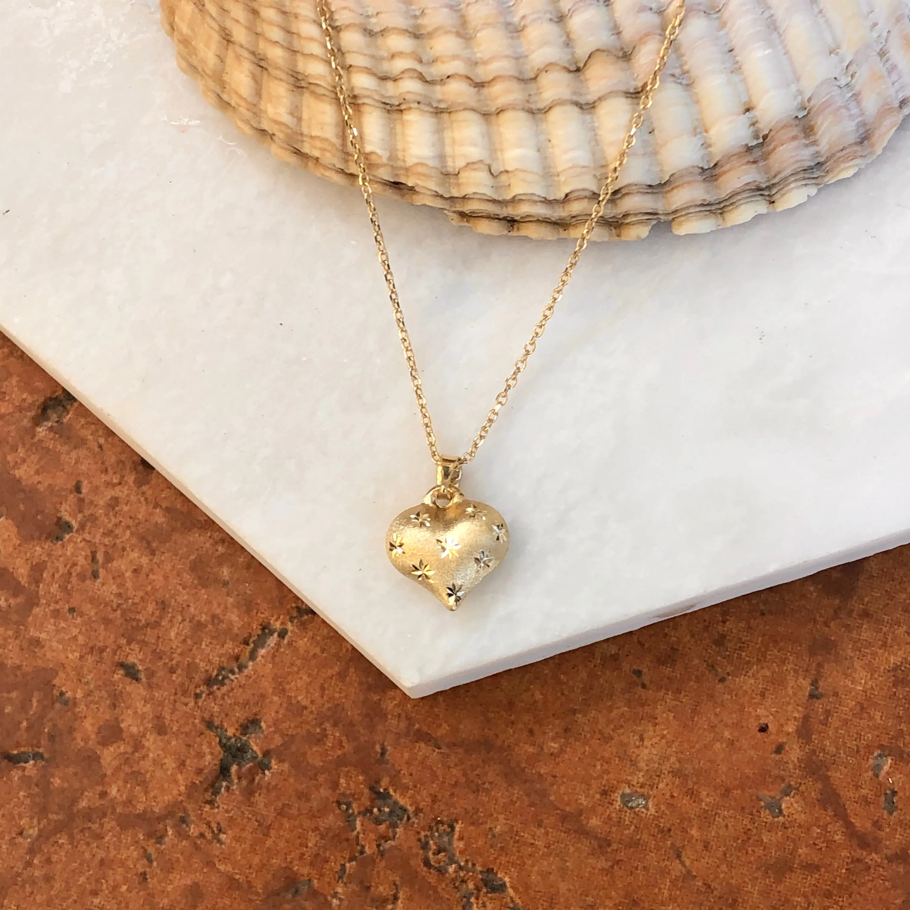 10KT Yellow Gold Satin Diamond-Cut Puffed Heart Pendant Charm
