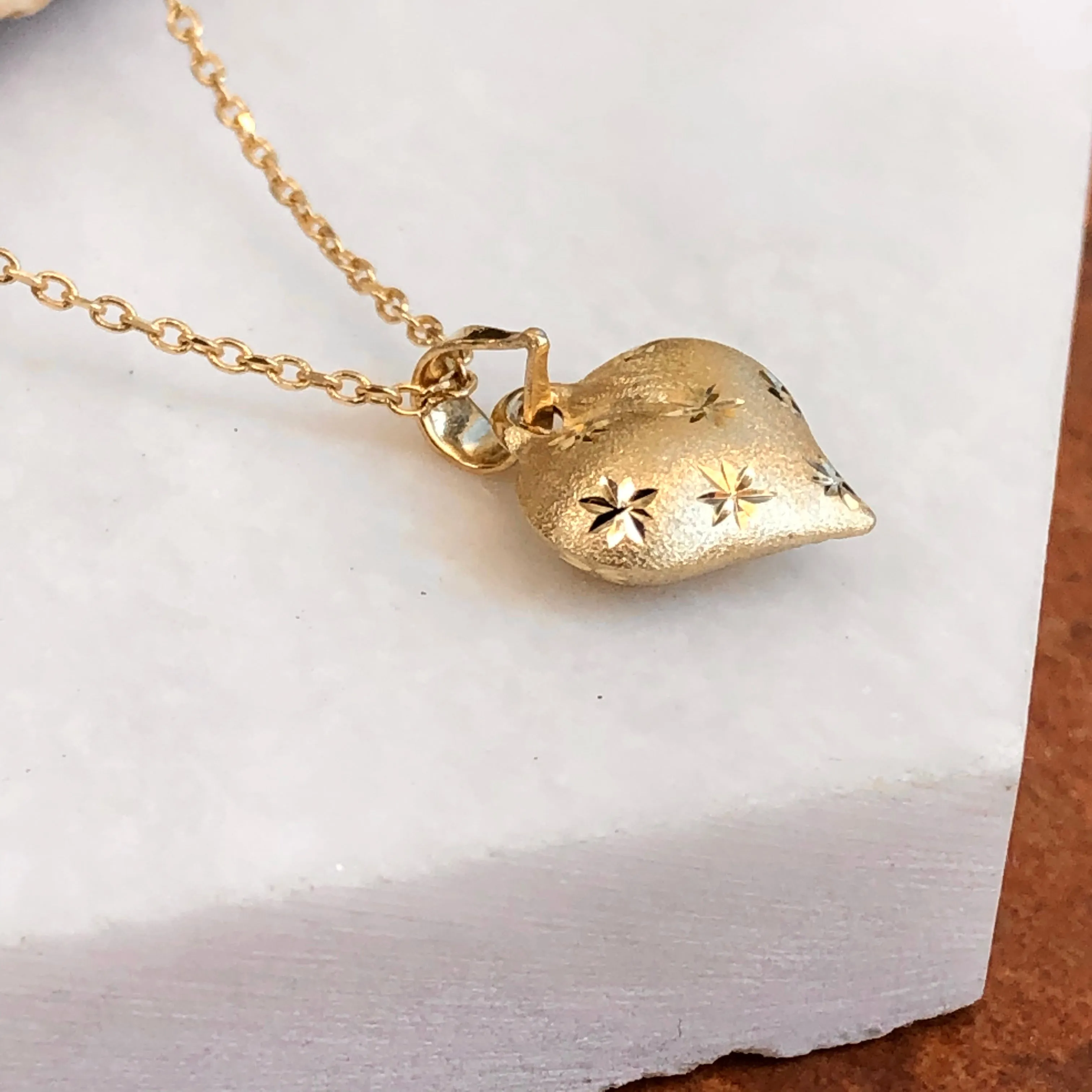 10KT Yellow Gold Satin Diamond-Cut Puffed Heart Pendant Charm
