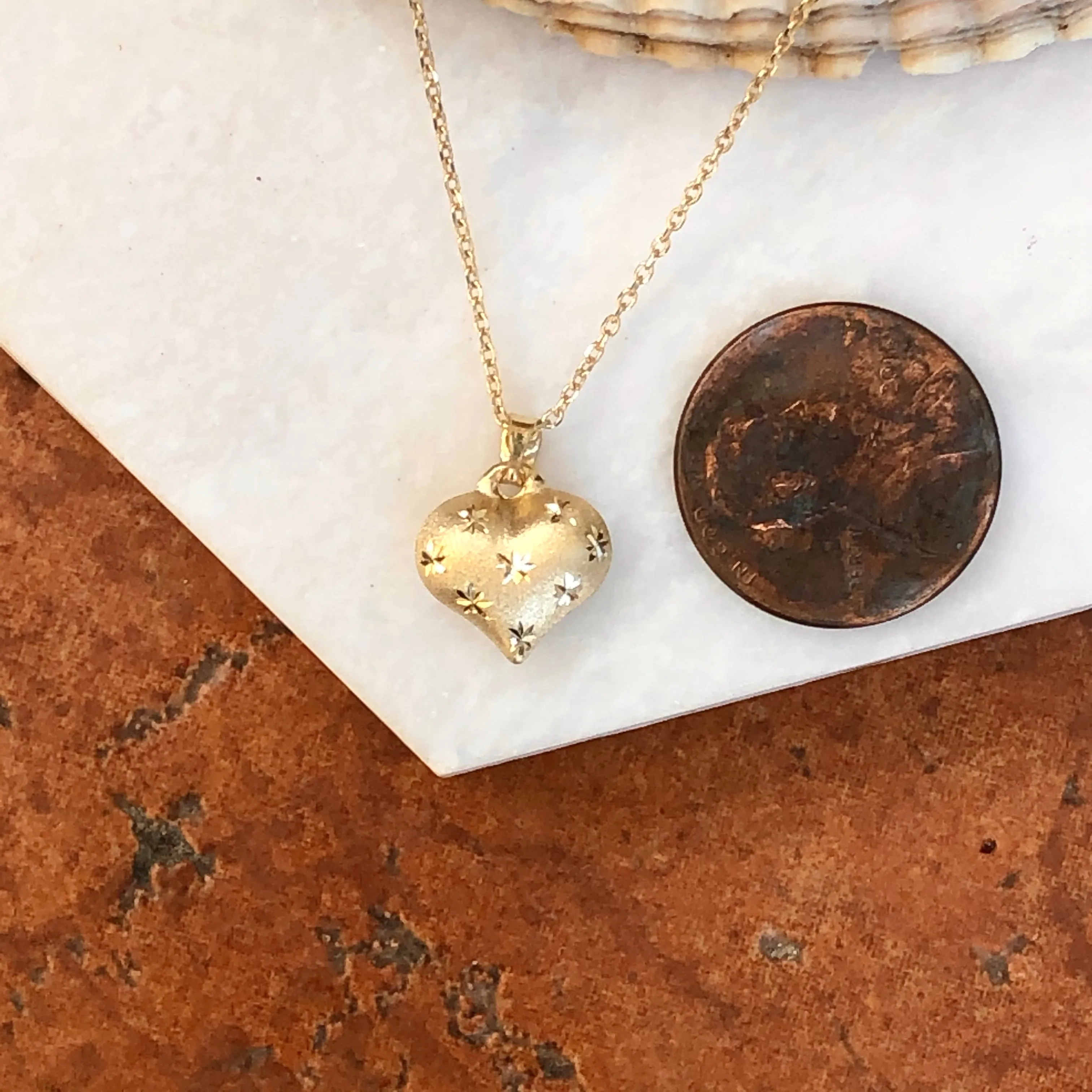 10KT Yellow Gold Satin Diamond-Cut Puffed Heart Pendant Charm