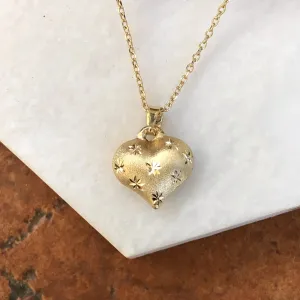 10KT Yellow Gold Satin Diamond-Cut Puffed Heart Pendant Charm
