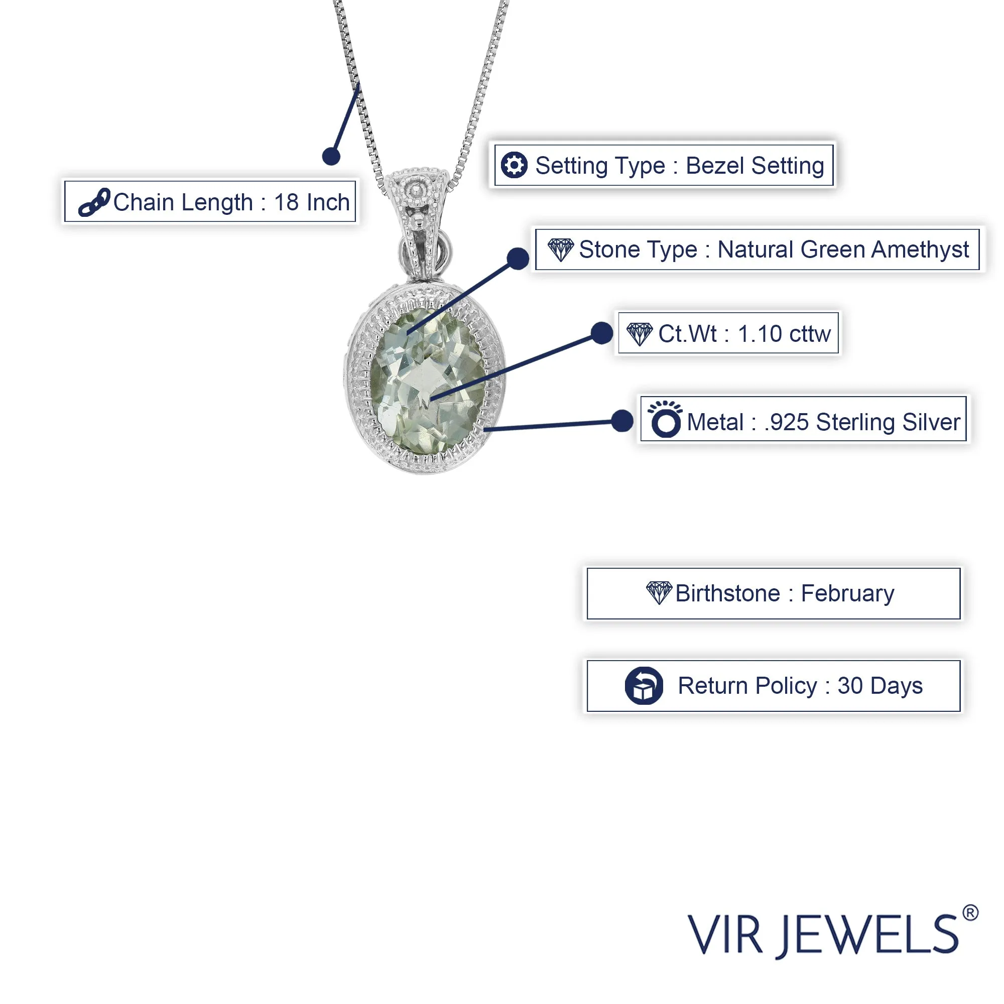 1.10 cttw Pendant Necklace, Green Amethyst Oval Pendant Necklace for Women in .925 Sterling Silver with Rhodium, 18 Inch Chain, Bezel Setting