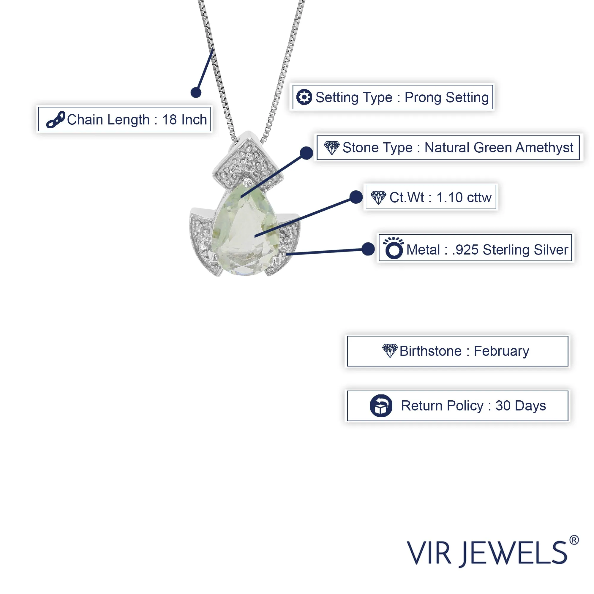 1.10 cttw Pendant Necklace, Green Amethyst Pear Shape Pendant Necklace for Women in .925 Sterling Silver with Rhodium, 18 Inch Chain, Prong Setting