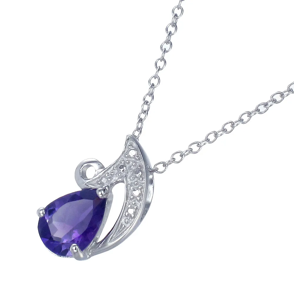 1.10 cttw Pendant Necklace, Purple Amethyst Pear Shape Pendant Necklace for Women in .925 Sterling Silver with Rhodium, 18 Inch Chain, Prong Setting