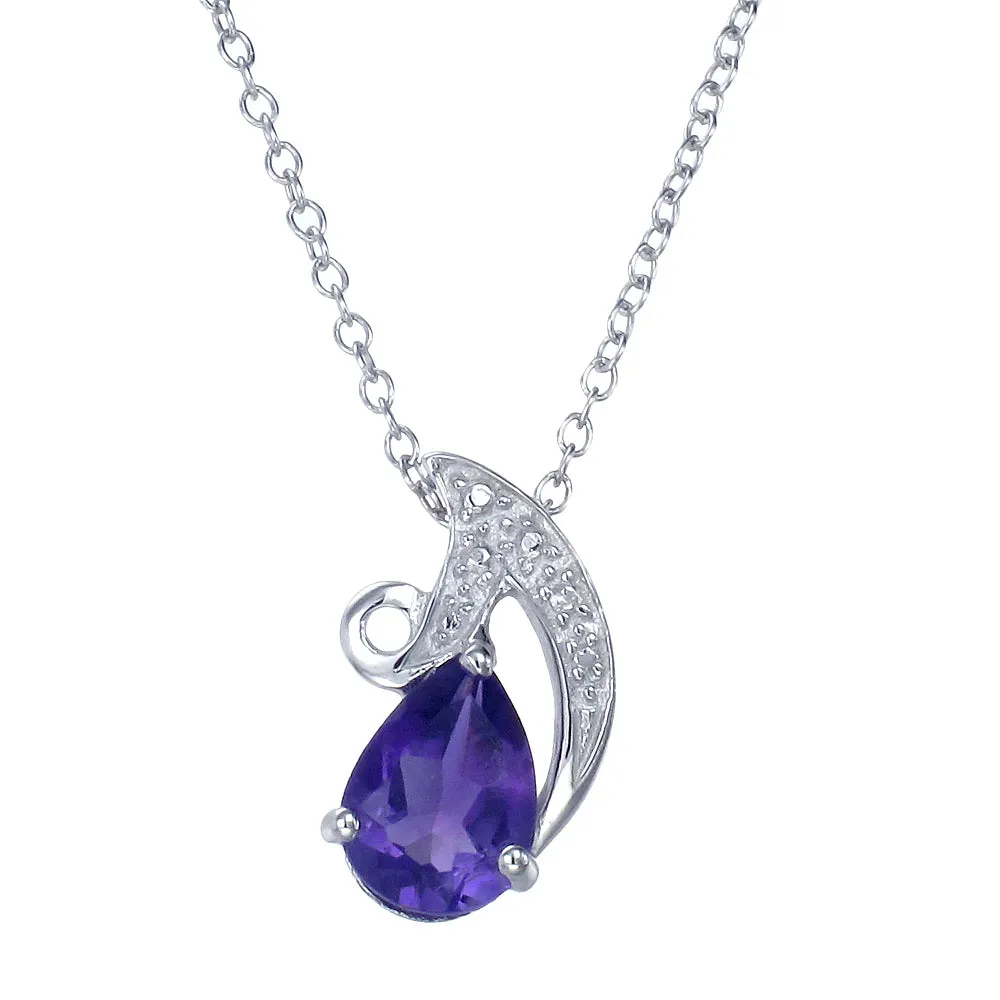 1.10 cttw Pendant Necklace, Purple Amethyst Pear Shape Pendant Necklace for Women in .925 Sterling Silver with Rhodium, 18 Inch Chain, Prong Setting