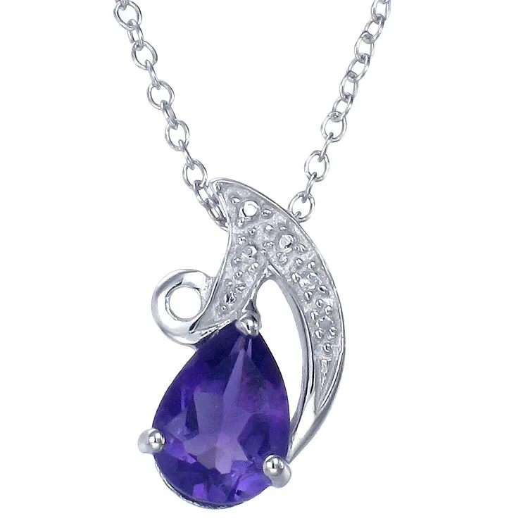 1.10 cttw Pendant Necklace, Purple Amethyst Pear Shape Pendant Necklace for Women in .925 Sterling Silver with Rhodium, 18 Inch Chain, Prong Setting