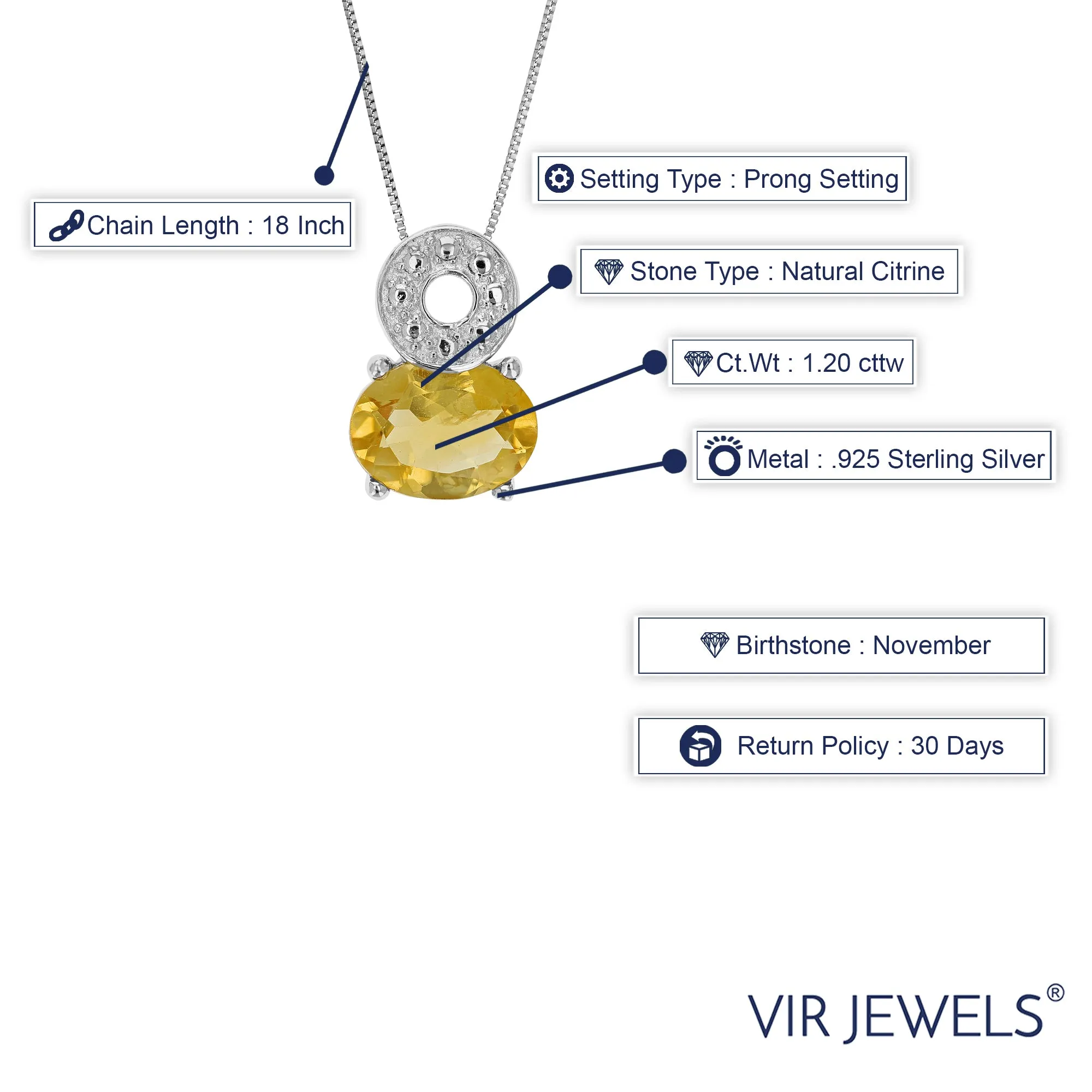 1.20 cttw Pendant Necklace, Citrine Oval Shape Pendant Necklace for Women in .925 Sterling Silver with Rhodium, 18 Inch Chain, Prong Setting