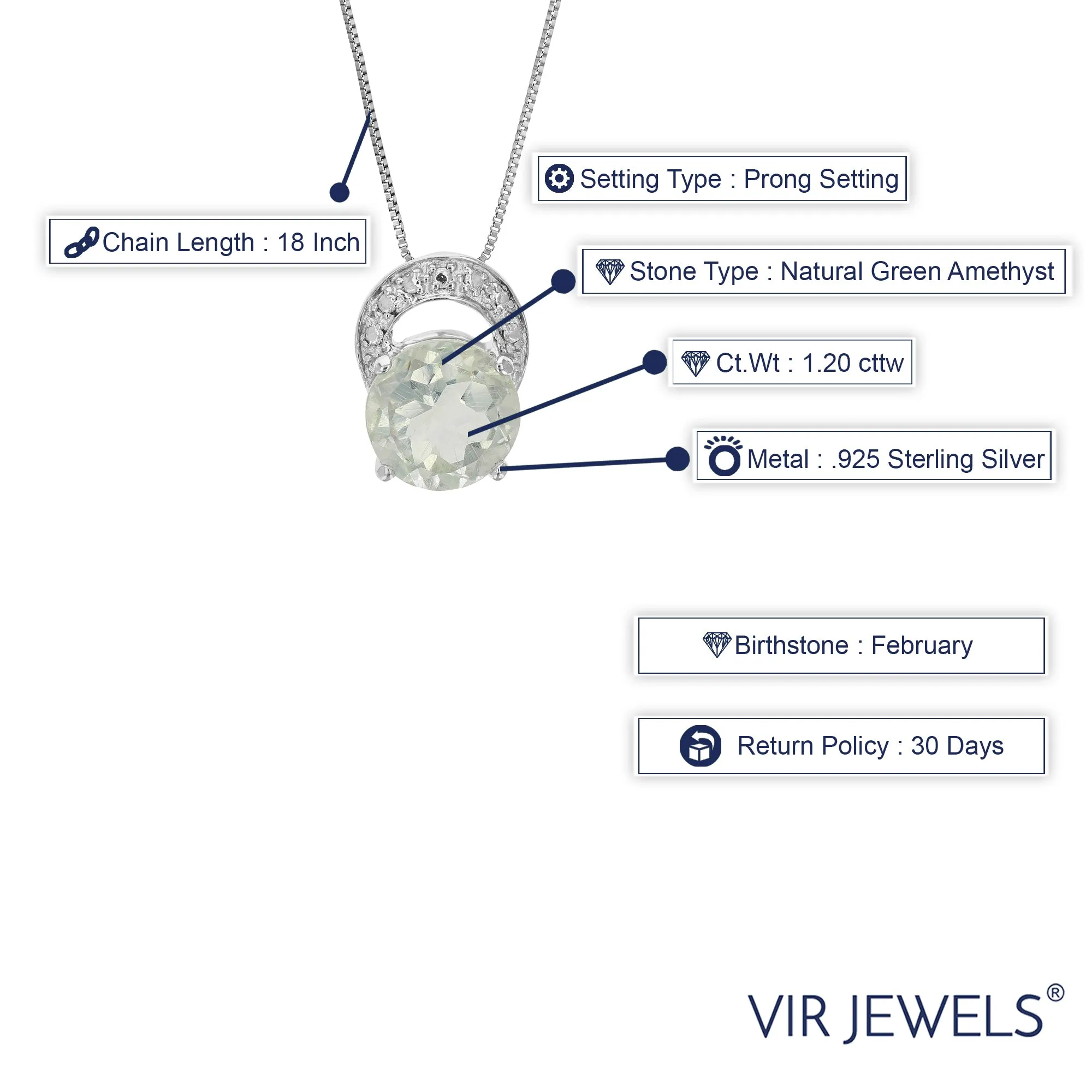1.20 cttw Pendant Necklace, Green Amethyst Pendant Necklace for Women in .925 Sterling Silver with Rhodium, 18 Inch Chain, Prong Setting