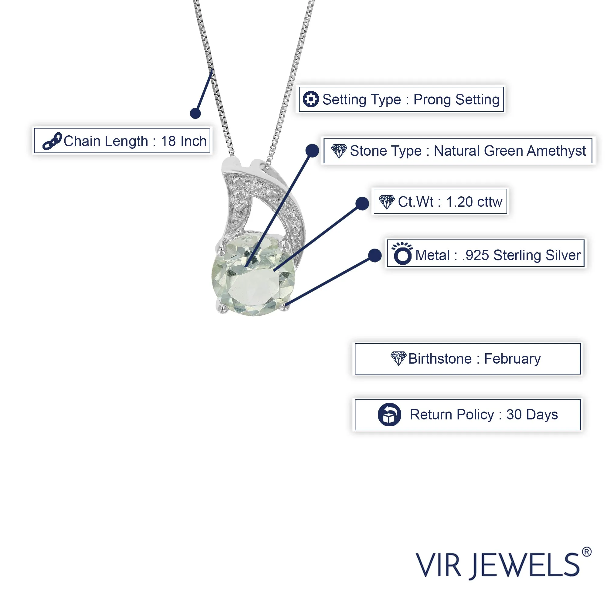 1.20 cttw Pendant Necklace, Green Amethyst Pendant Necklace for Women in .925 Sterling Silver with Rhodium, 18 Inch Chain, Prong Setting