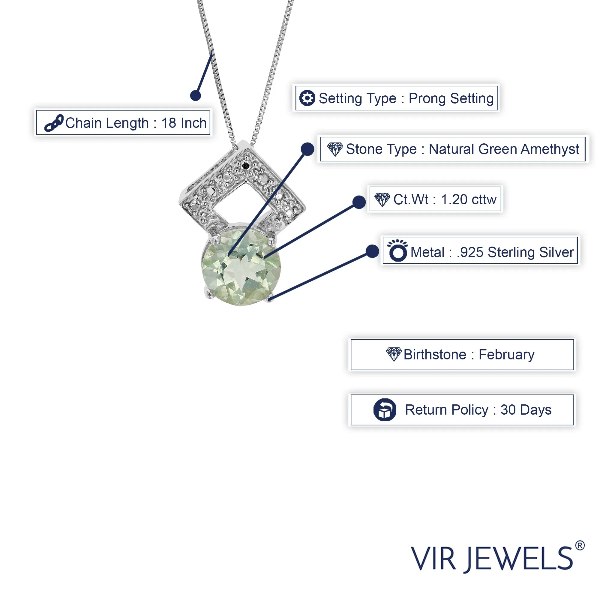 1.20 cttw Pendant Necklace, Green Amethyst Pendant Necklace for Women in .925 Sterling Silver with Rhodium, 18 Inch Chain, Prong Setting