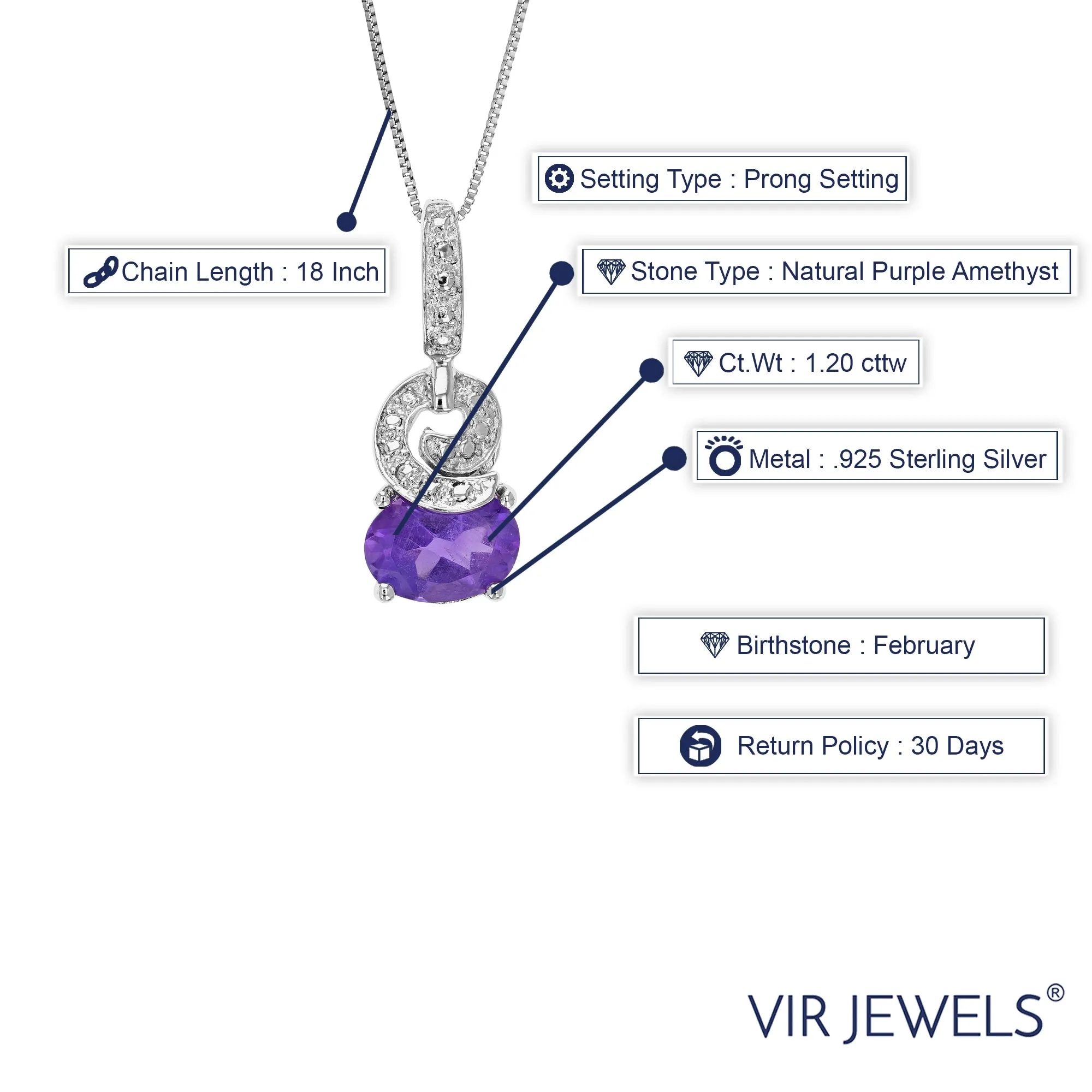 1.20 cttw Pendant Necklace, Purple Amethyst Oval Shape Pendant Necklace for Women in .925 Sterling Silver with Rhodium, 18 Inch Chain, Prong Setting