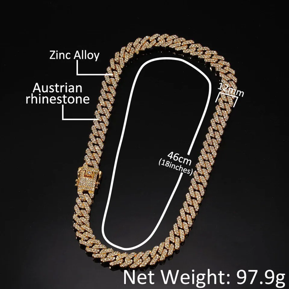 12mm s link Gold cuban chain necklace, blinged iced cuban necklace , Micro Paved 12mm S-Link Miami Cuban Necklaces Hiphop Men and women Iced necklace
