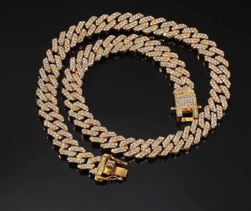 12mm s link Gold cuban chain necklace, blinged iced cuban necklace , Micro Paved 12mm S-Link Miami Cuban Necklaces Hiphop Men and women Iced necklace