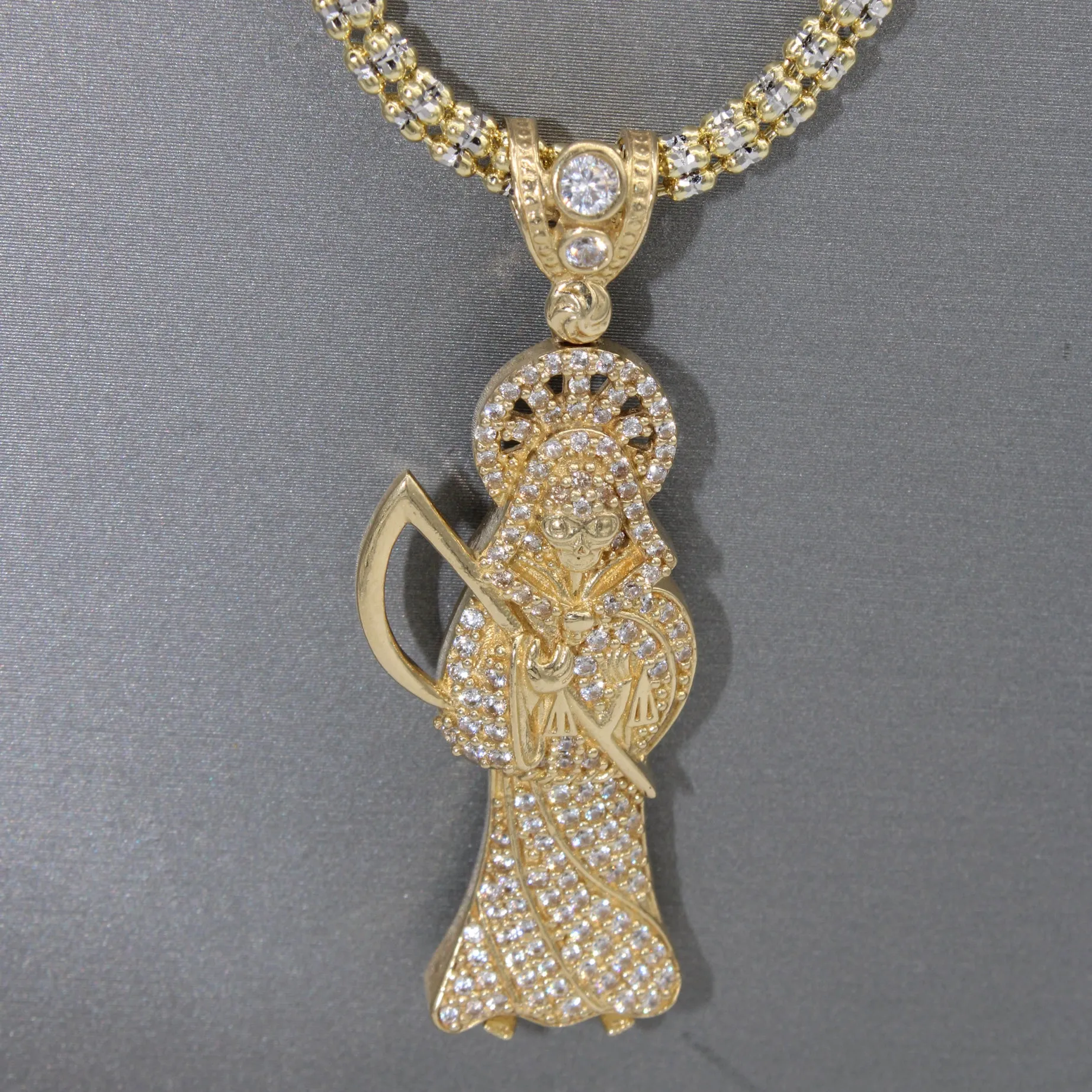 14K CZ Santa Muerte Pendant W/ Moon Ice Chain - JTJ™
