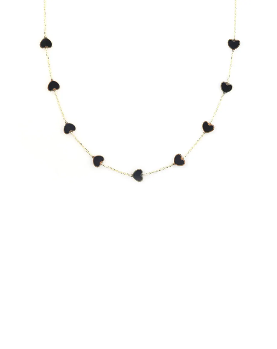 14K Gold Black Onyx Inlay Heart Station Necklace