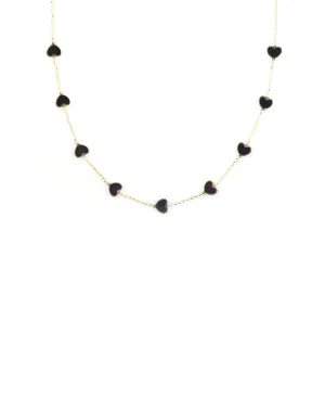 14K Gold Black Onyx Inlay Heart Station Necklace