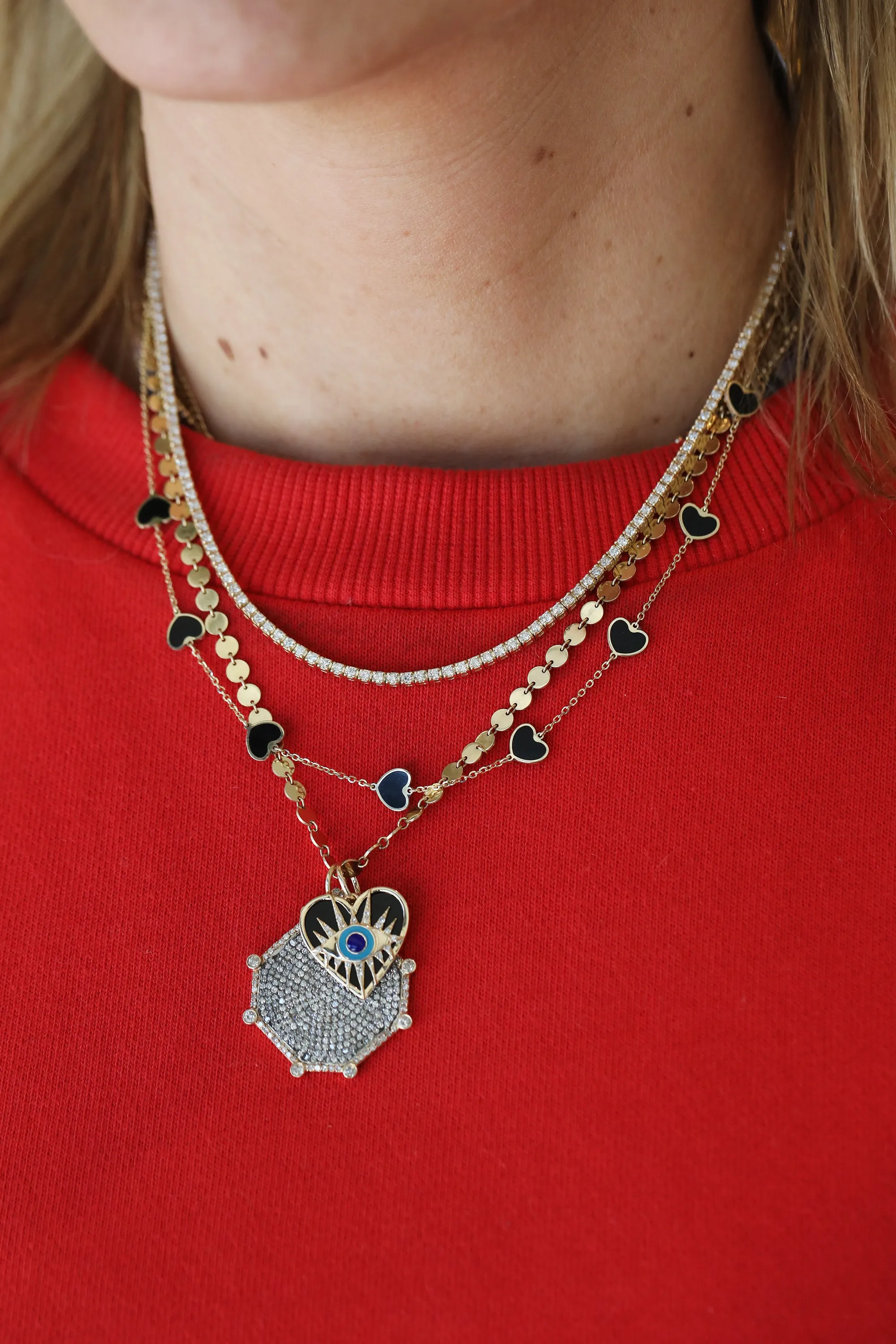 14K Gold Black Onyx Inlay Heart Station Necklace