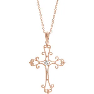 14K Rose  .06 CTW Diamond Vintage-Inspired Cross 18" Necklace