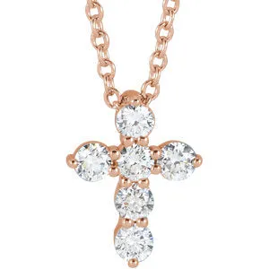 14K Rose 10.2x7.9 mm 1/4 CTW Diamond Cross 16-18" Necklace