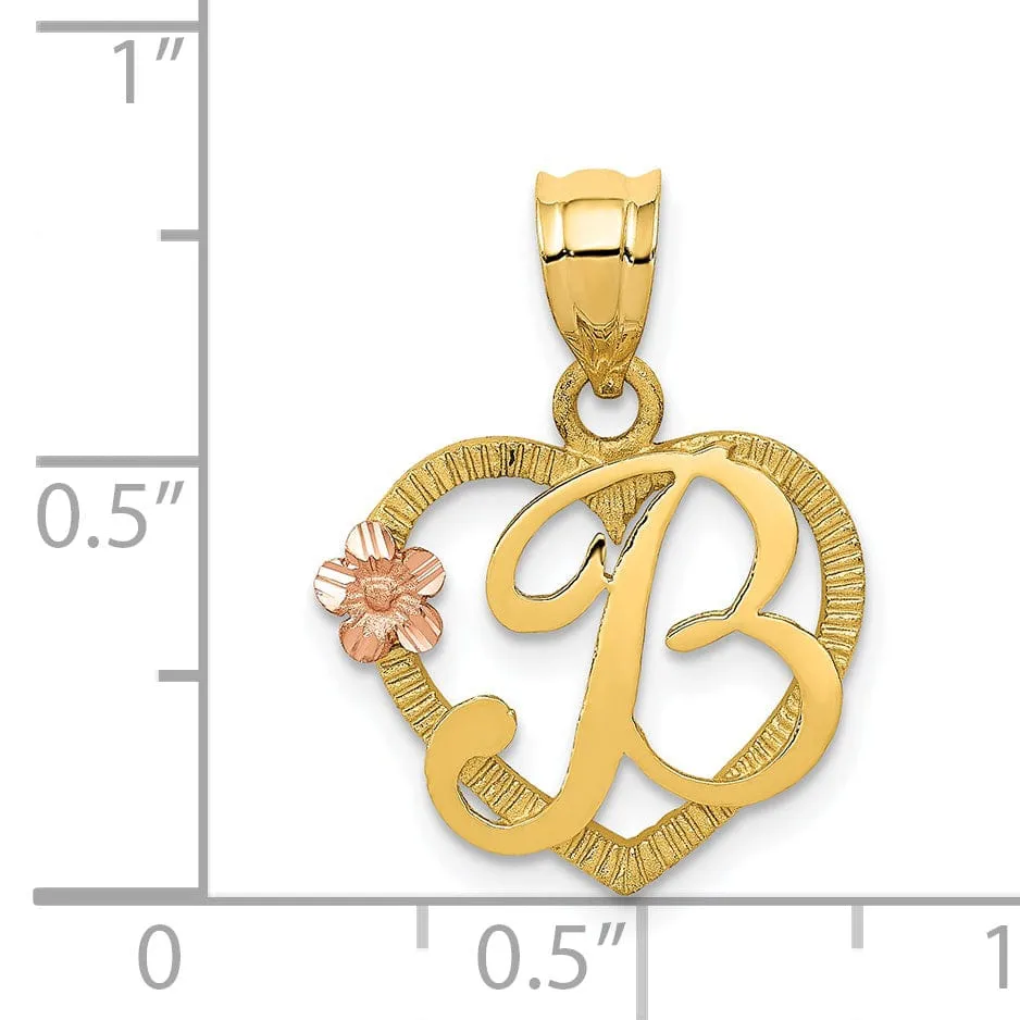 14k Two Tone Gold Heart Flower Design Script Letter B Initial Charm Pendant