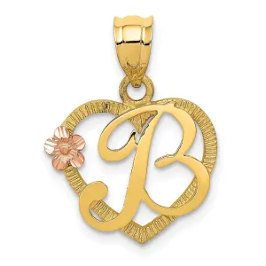 14k Two Tone Gold Heart Flower Design Script Letter B Initial Charm Pendant