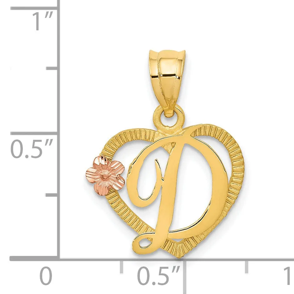 14k Two Tone Gold Heart Flower Design Script Letter D Initial Charm Pendant