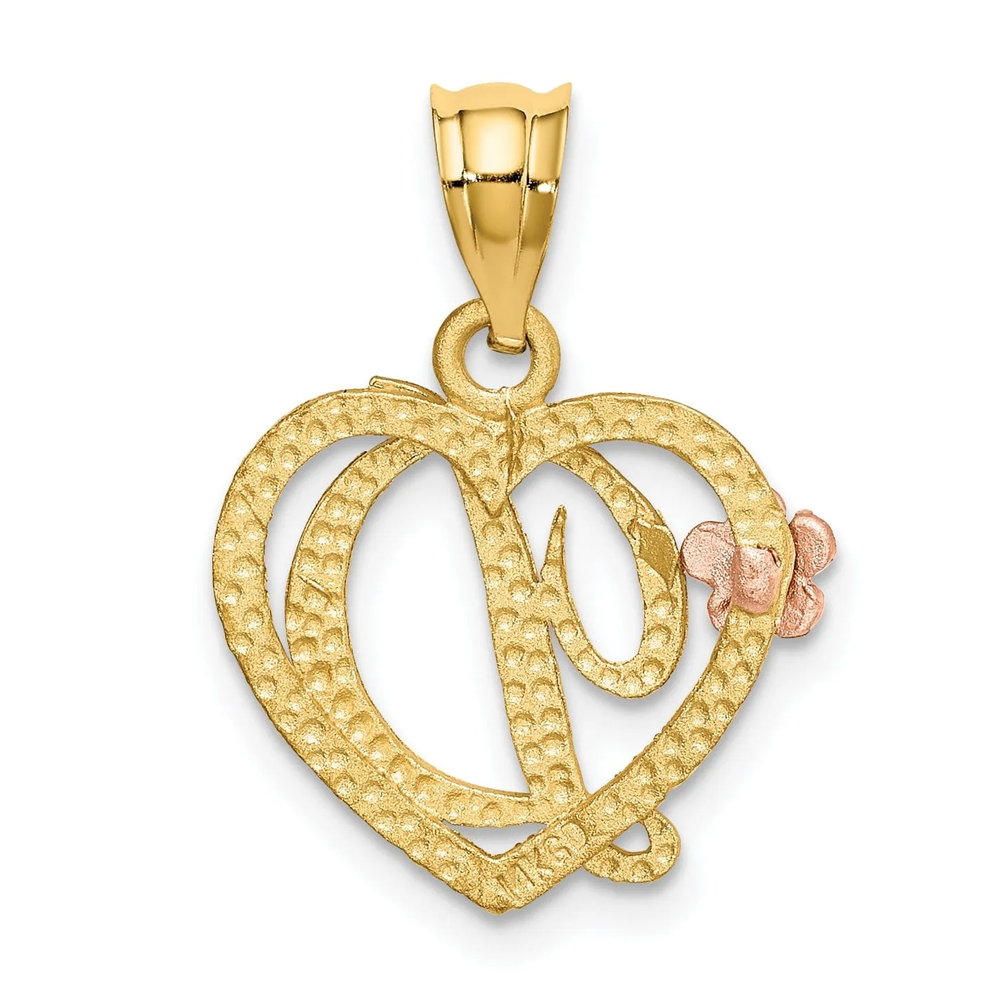 14k Two Tone Gold Heart Flower Design Script Letter D Initial Charm Pendant