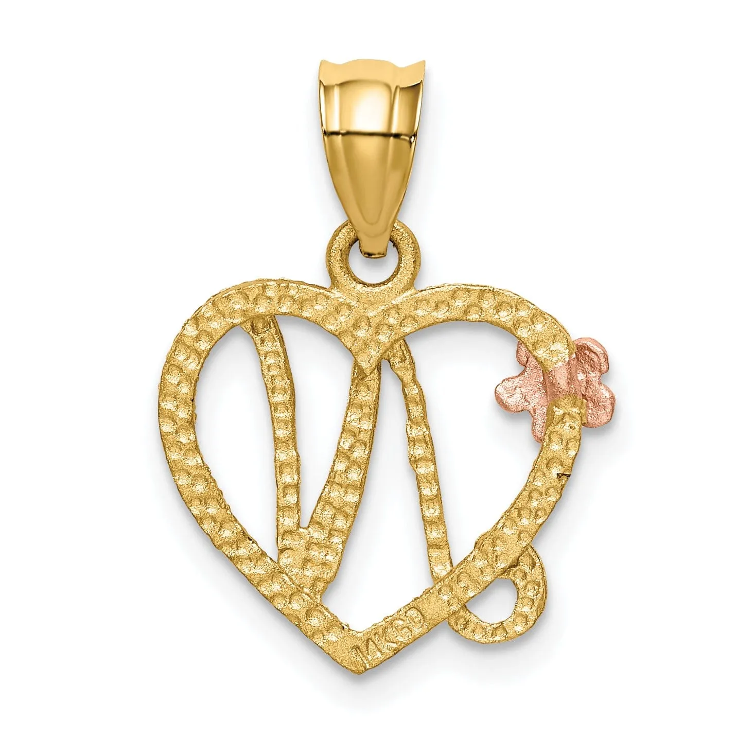 14k Two Tone Gold Heart Flower Design Script Letter N Initial Charm Pendant