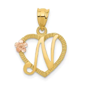 14k Two Tone Gold Heart Flower Design Script Letter N Initial Charm Pendant