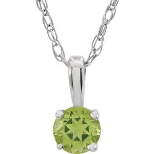 14K White 3 mm Round August Genuine Peridot Youth Birthstone 14" Necklace