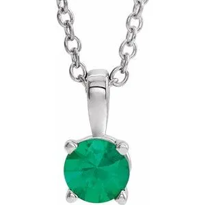14K White 4 mm Round Emerald Birthstone 16-18" Necklace