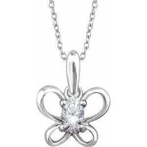 14K White 4x3 mm Oval April Youth Butterfly Birthstone 15" Necklace