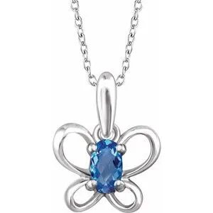 14K White 4x3 mm Oval December Youth Butterfly Birthstone 15" Necklace