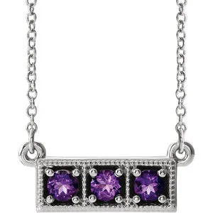 14K White Amethyst Three-Stone Granulated Bar 16-18" Necklace