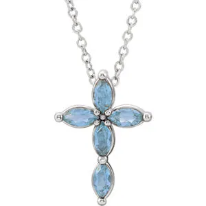 14K White Aquamarine Cross Necklace
