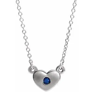 14K White Chatham® Created Blue Sapphire Heart 16" Necklace