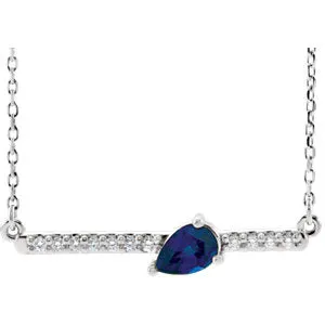 14K White Chatham® Lab-Created Blue Sapphire & 1/10 CTW Diamond Bar 18" Necklace