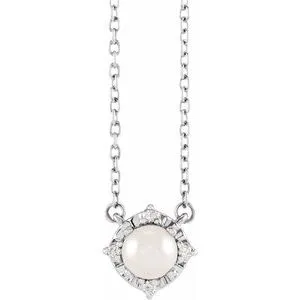 14K White Cultured White Freshwater Pearl & .04 CTW Natural Diamond Halo-Style 18" Necklace