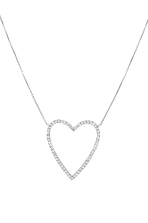 14k White Gold Diamond Large Open Heart Necklace