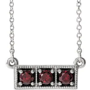 14K White Mozambique Garnet Three-Stone Granulated Bar 16-18" Necklace
