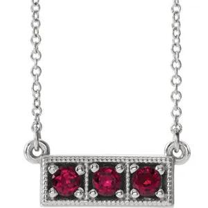 14K White Ruby Three-Stone Granulated Bar 16-18" Necklace