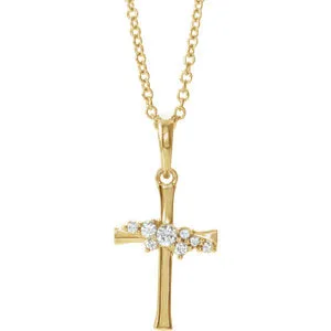 14K Yellow .06 CTW Diamond Cluster Cross 16-18" Necklace