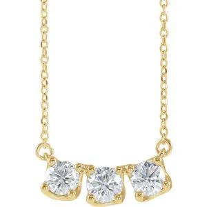 14K Yellow 1 CTW Lab-Grown Diamond Three-Stone Curved Bar 16-18" Necklace