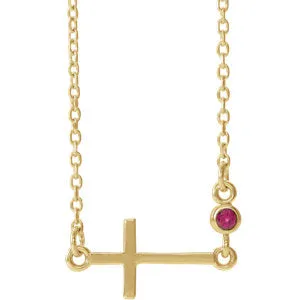 14K Yellow Chatham® Created Ruby Sideways Accented Cross 16-18" Necklace