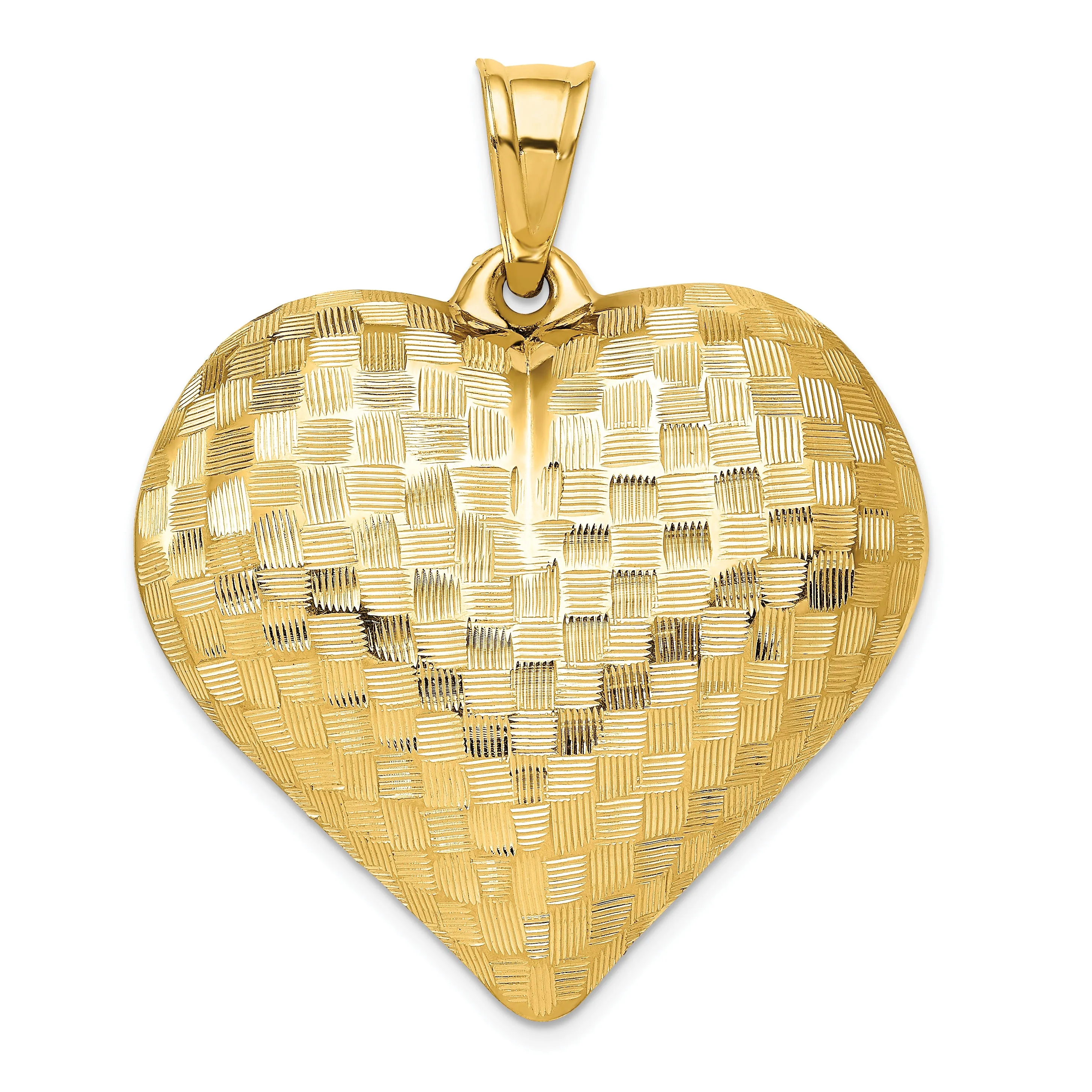14k Yellow Gold Basket Weaved Design 3-D Puffed Heart Pendant